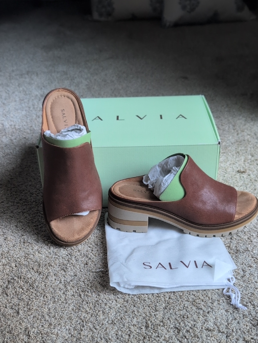 Salvia Women’s Brown Leather Platform Mules Style Harper Size 39